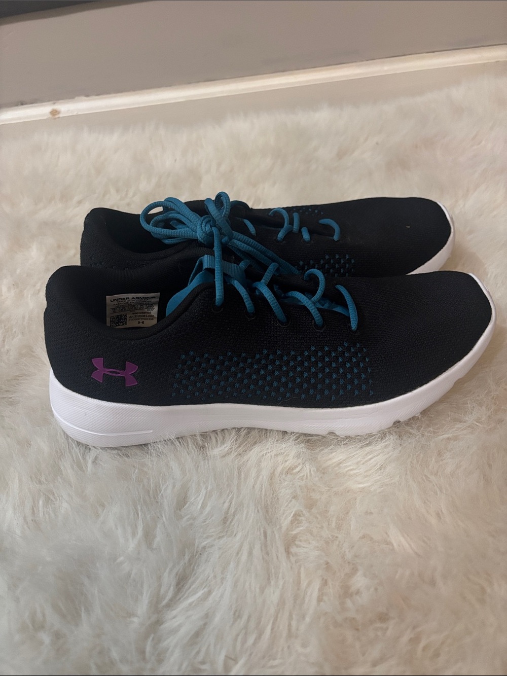 Under Armour Women’s Black Athletic Sneakers with Teal Laces and Purple Logo